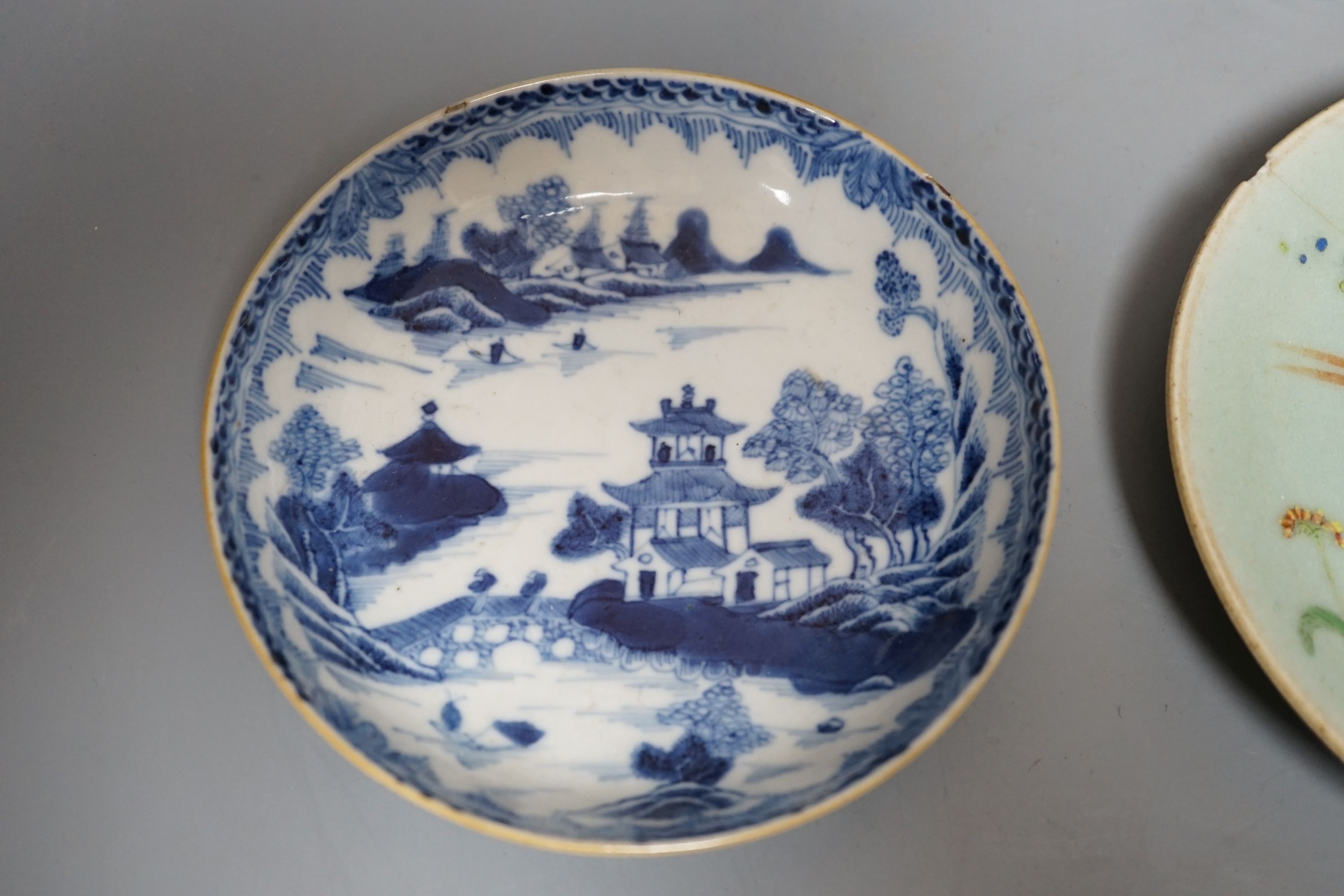 A Chinese export blue and white dish, 13cm, similar vase, a miniature crackle ware vase and a celadon saucer